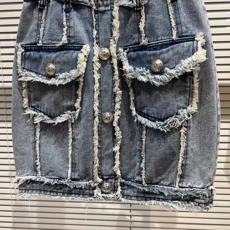 Single Breasted Denim Skirt Women Streetwear Fashion Tassel High Waist Mini Skirt Loose Casual Package Hip Jeans Skirts Female blue skirt