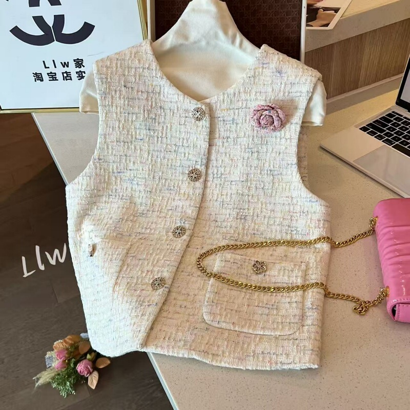 Pink Flowers~ Versatile Chanel-Style Vest for Women, French-Style Outerwear, Woven Tweed Sleeveless Layered Vest