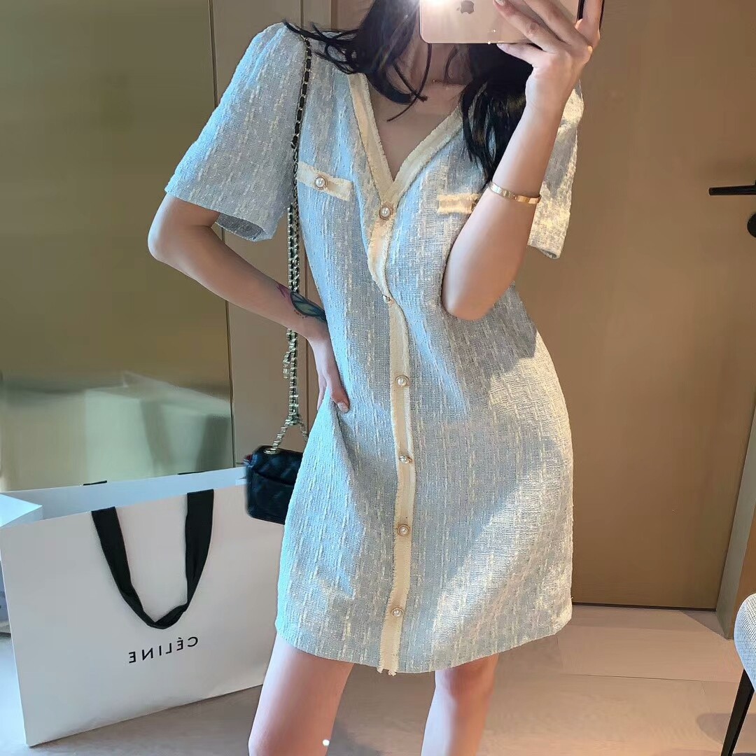 Little fragrant thin dress French-style woman-smell skinny v-collar loose medium-long pearl