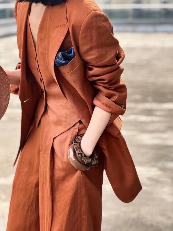 2026 Spring and Autumn New Light Luxury Fashion Linen Old Money Style Slim Vest Suit Women's Wide-Leg Pants Three-Piece Set