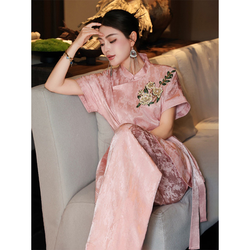 European Goods 2026 Spring and Summer New Style New Chinese Fashion Jacquard Beaded Lace-Up Suit Set for Women with Straight-Leg Pants Two-Piece Set