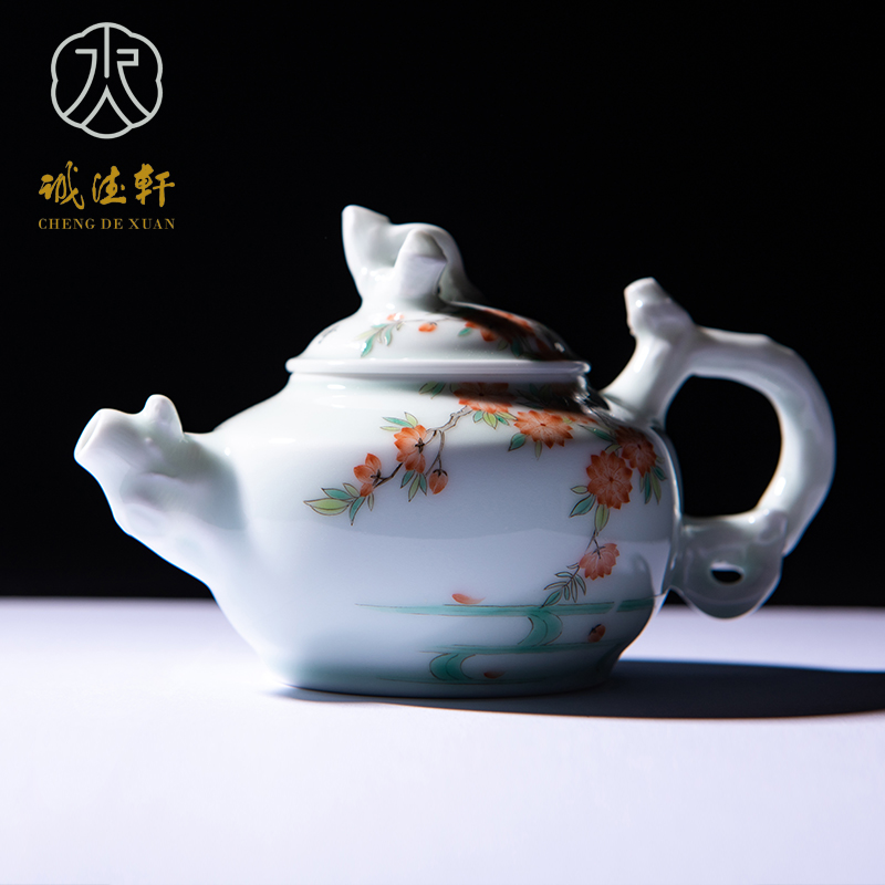 Cheng DE xuan high - grade fine hand - made kung fu tea set of jingdezhen ceramics powder enamel kettle 51 jade white flowers red