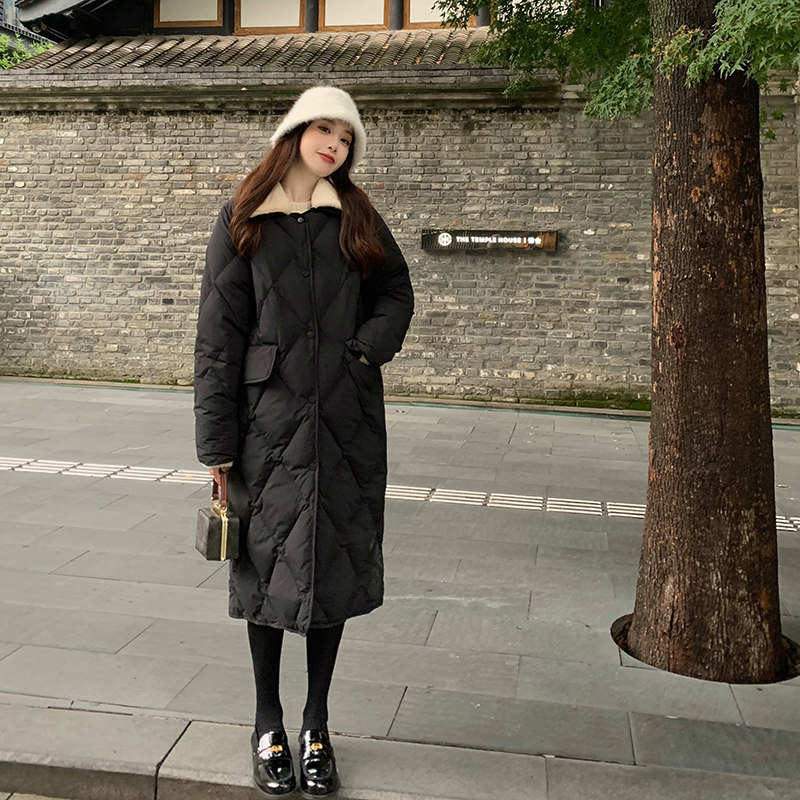 Cellison Kloé magne down jacket woman long style with knee rabbit fur collar loose thickened warm white duck suede jacket-Taobao