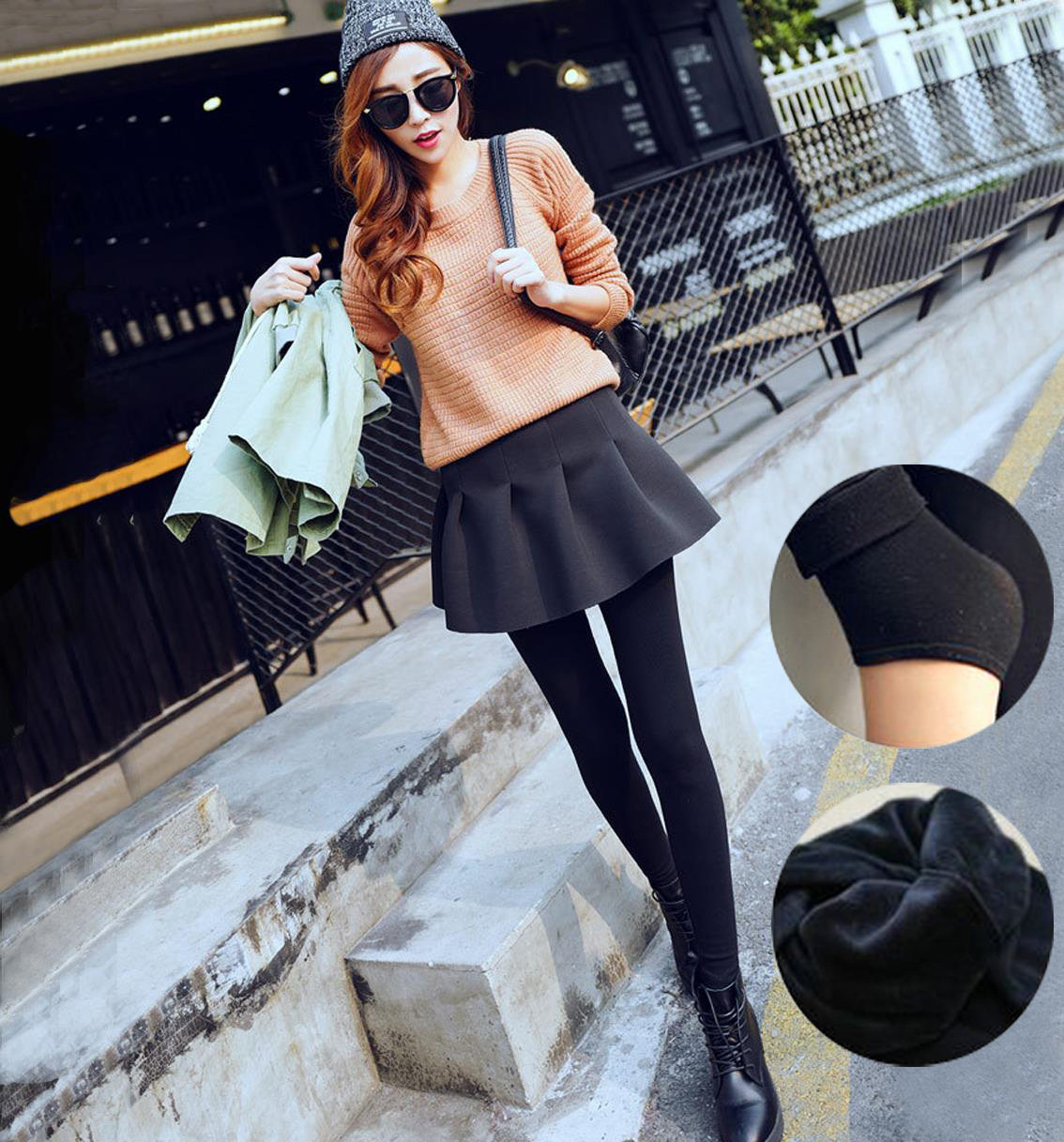 Spring and autumn thin cotton fake two-piece leggings women's outerwear new culottes pencil pants pleated trousers look thin