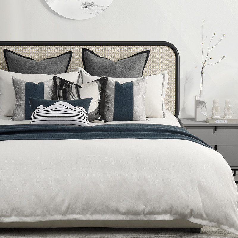 Blue Grey Sample Board Room Bed Bedding High-end Villa Modern-style Bed Goods Light Extravagant pillow Blankets New Chinese