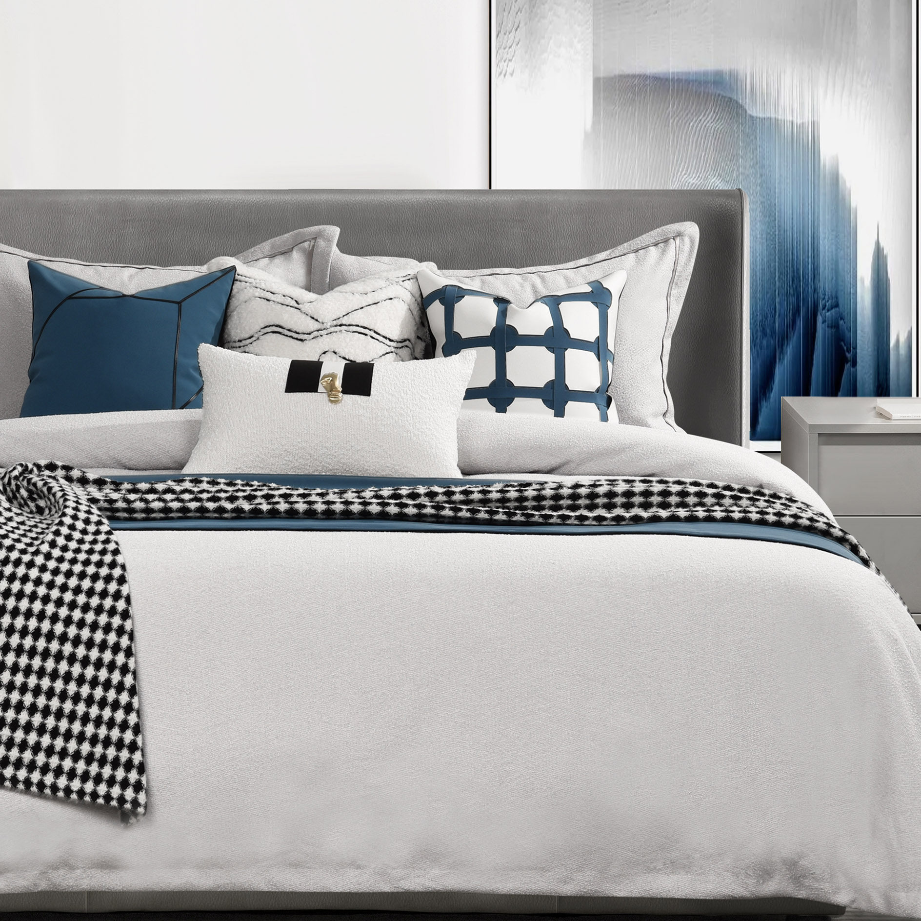 Line Elements Blue High-end Showroom-Like Inter-Bed Pint Light Lavish Soft-style Decent Board Room Bed bedding Bedding Hug Pillow