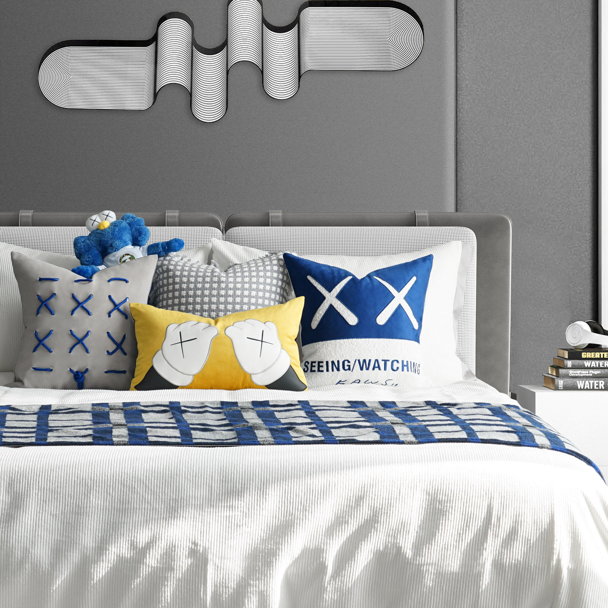 Boys Yellow Blue High-end Exhibition Room Bed Light Luxury Software Sample Room with Carpet Pillow