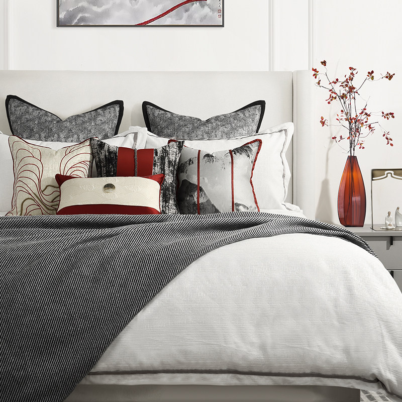 Red New Chinese style Style Board Room Bedding Upscale Villa Hotel Modern-style Room Bed Goods Light Extravagant Pillow