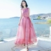 Mùa hè mới của phụ nữ retro váy voan đỏ váy dài Hải Nam siêu cổ tích bãi biển kỳ nghỉ bên bờ biển - Váy eo cao Váy eo cao