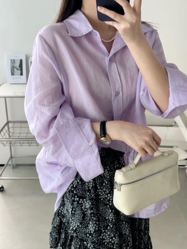 100% Pure Ramie Grape Lilac Purple Long-Sleeved Shirt for Women, Loose and Versatile Shirt, Air-Conditioning Sun Protection Jacket 0889