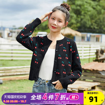 Tang Shi Spring and Autumn new knitted cardigan coat womens lazy wind temperament sweater female round neck small cherry sweater top