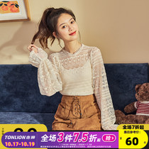 Tang Lion 2021 spring and autumn new mesh bottoming shirt female lace tight-fitting long-sleeved top sexy hollow inner top