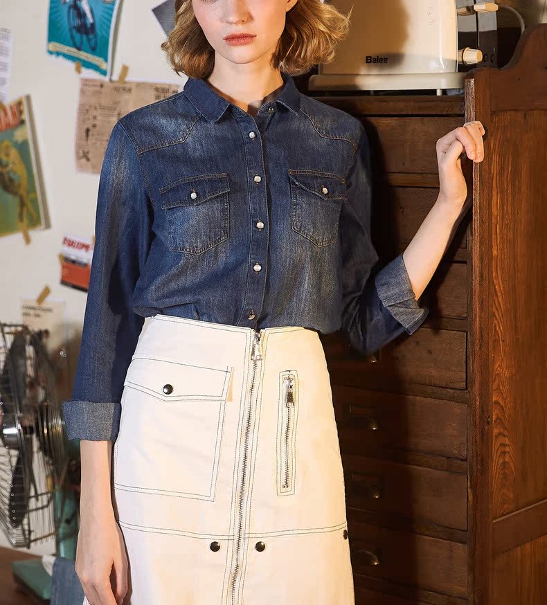 Tang sư tử denim sơ mi nữ 2018 mới sang trọng áo sơ mi thu đông lười biếng áo sơ mi trắng nữ công sở