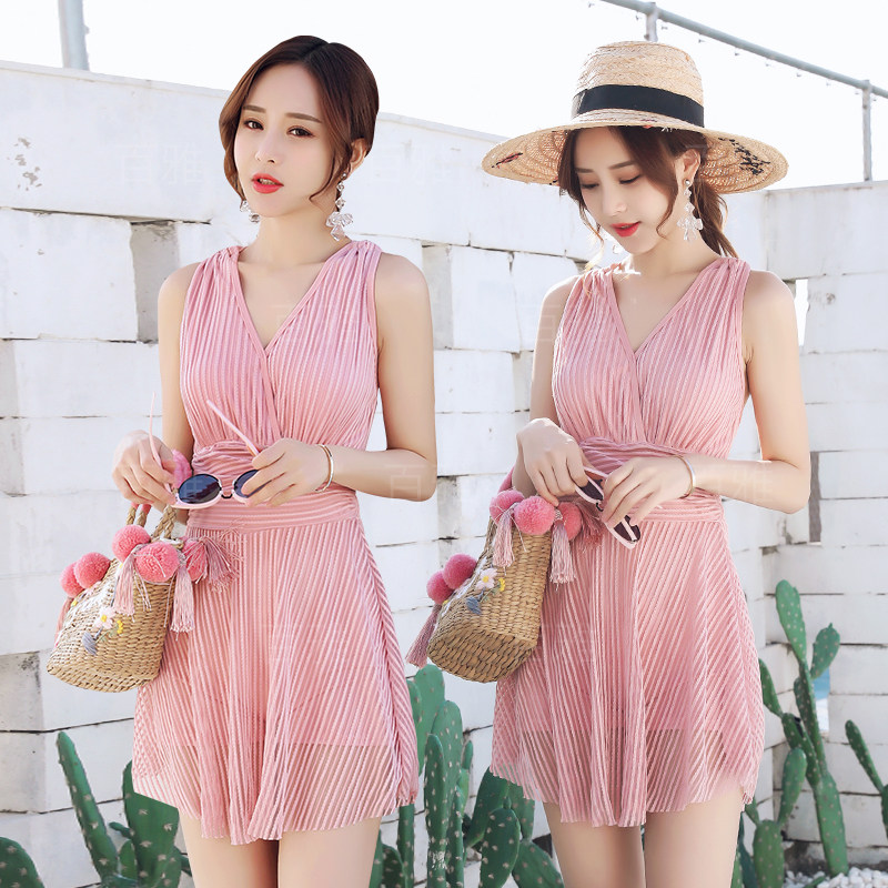 Vintage swimsuit solid color V-neck halter cover belly thin skirt sunscreen gathered flat angle beach one-piece swimsuit manufacturers