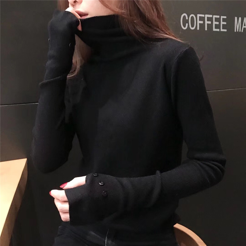 2018 mới nửa găng tay cao cổ áo len ngón tay chạm đáy áo sơ mi nữ mùa thu đông dài tay áo len mỏng thời trang nữ áo cardigan nữ hàn quốc