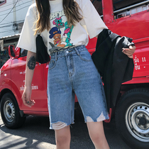 Denim shorts summer 2021 new female tide ins high waist thin a word wide leg pants loose five-point pants net red