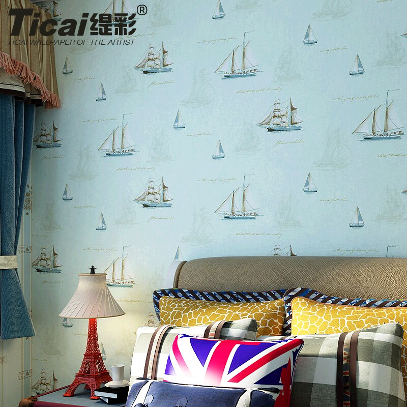 Colored Mediterranean Cartoon Sailing Children's House Pure Paper Wallpaper AB Matching Vertical Striped Boy Bedroom Cozy Wallpaper