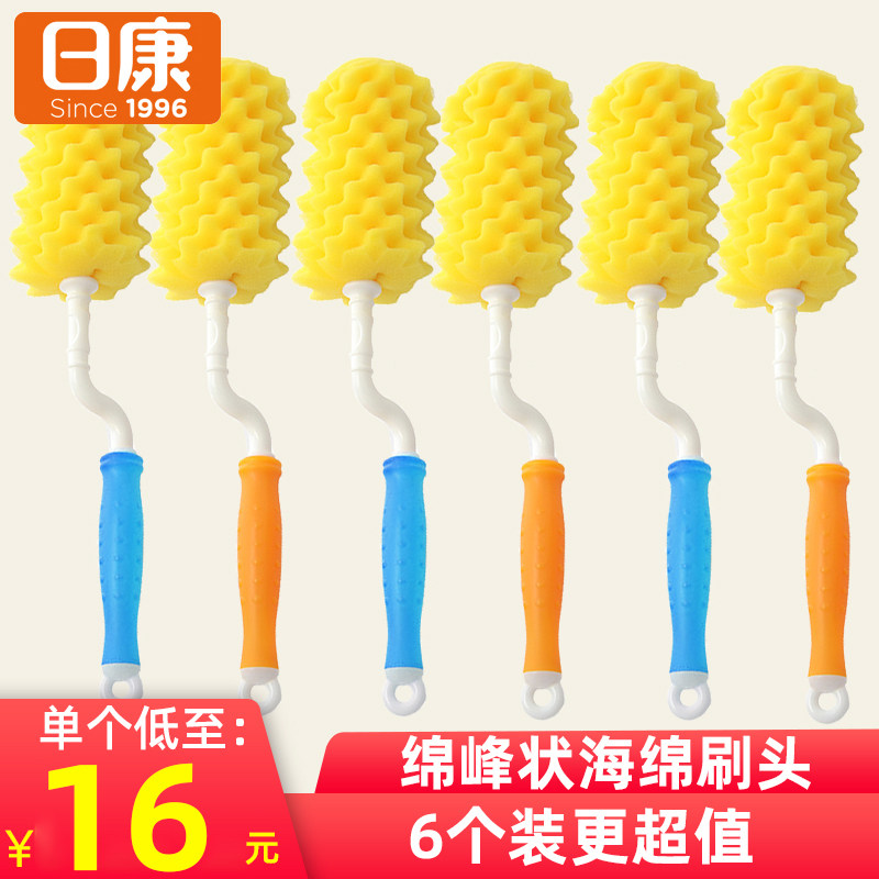 Rikang Baby Wide Mouth Glass Plastic Bottle Brush 6 Set 360 Rotating Sponge Nipple Brush Treasure Foam Cleaning Brush