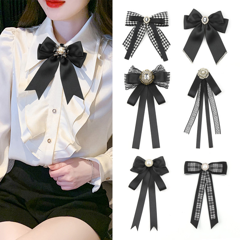 Women's bow tie, decorative bow, black ribbon, preppy style, retro Korean style, women's shirt, blouse, brooch, accessory.