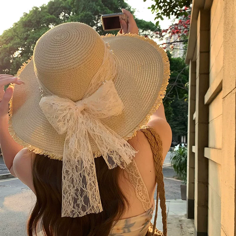 Lace summer beach sun hat with bow