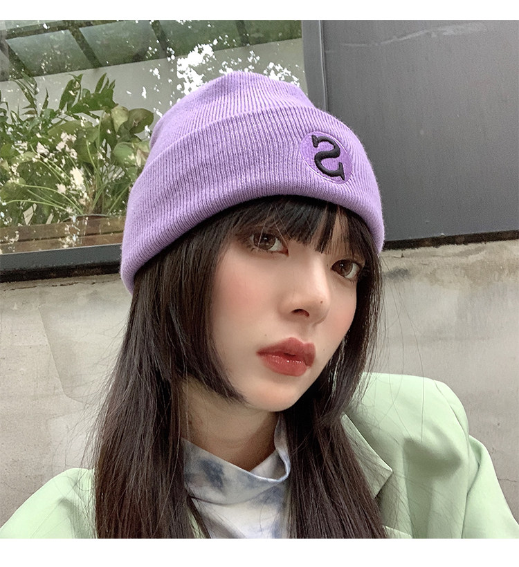 S字母刺绣蓝色毛线帽女秋冬韩版潮百搭保暖针织帽冬季冷帽子批发详情15