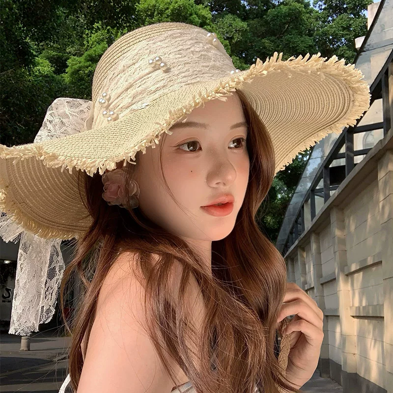 Lace summer beach sun hat with bow