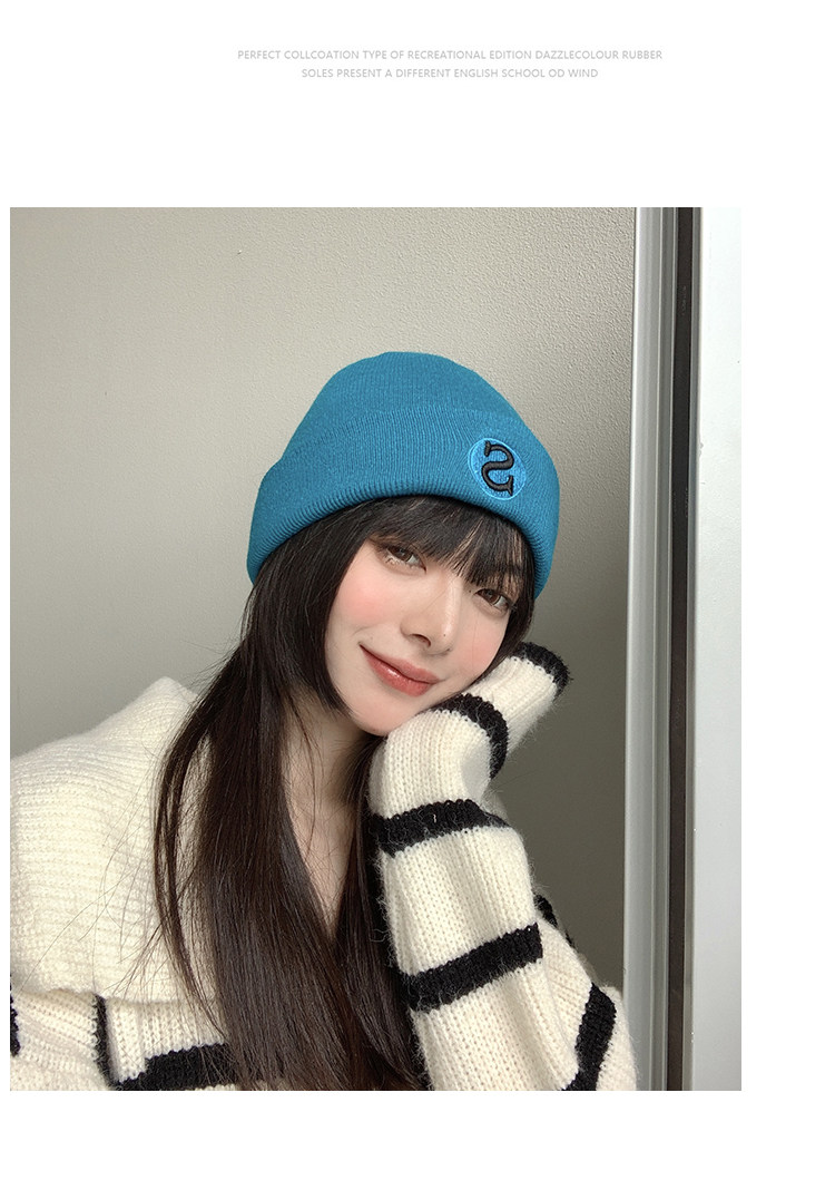 S字母刺绣蓝色毛线帽女秋冬韩版潮百搭保暖针织帽冬季冷帽子批发详情4