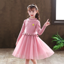 Girls  autumn and winter clothes New Year Western style childrens dresses Knitted woolen clothes long-sleeved little girl princess skirt plus velvet