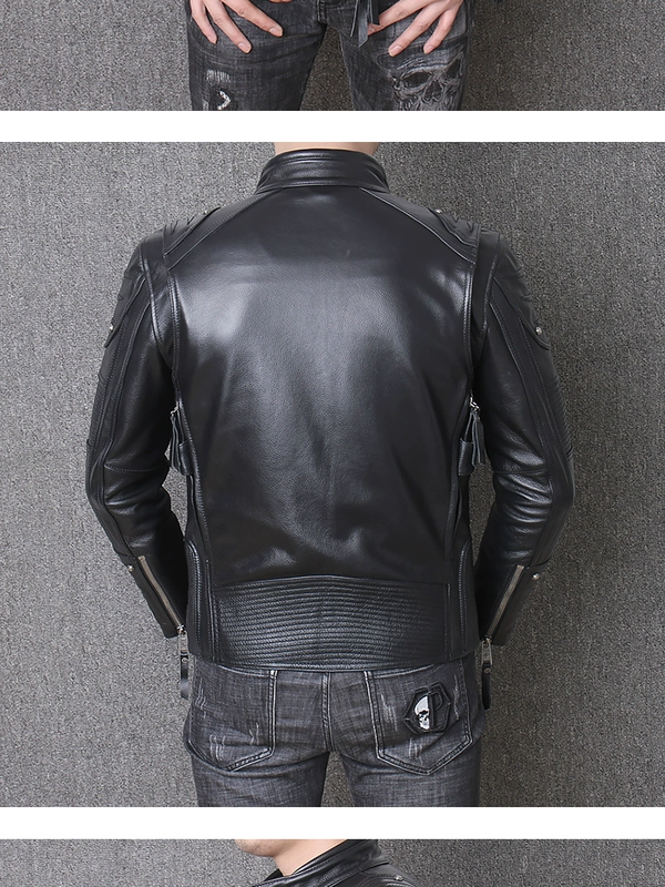 Da da nam lớp đầu tiên da phù hợp với nam mùa thu và mùa đông Harley quần áo xe máy hạng nặng Áo khoác da trẻ trung - Quần áo lông thú