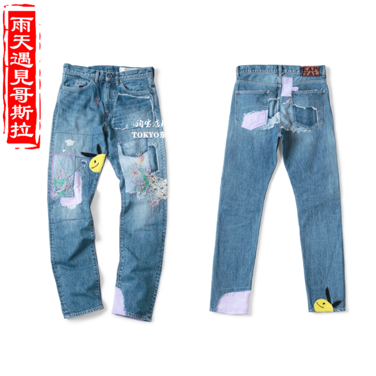 日本代購KAPITAL平田和宏22AW新款拼布花卉刺繡兔子笑臉牛仔褲