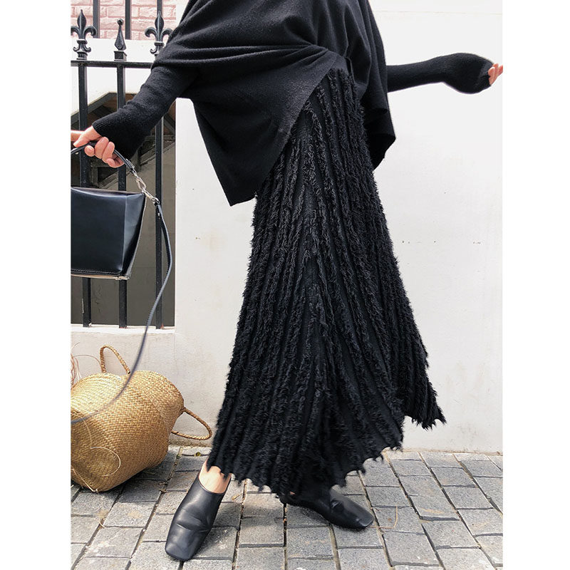 Female Autumn Winter Clothing 2022 New High Waist Knit Wool Thread Large Hem Skirt A Character Skirt With Knee Lengthened Mid-Length Version Skirt