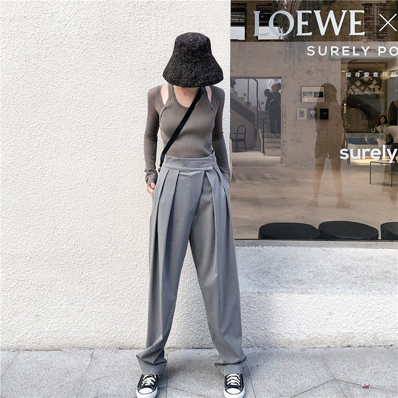 Temperament Grey Western Dress Pants Tugging Long Pants Broadlegged Pants Woman High Waist Pituality Casual Working Suit Straight Drum Kharen Pants