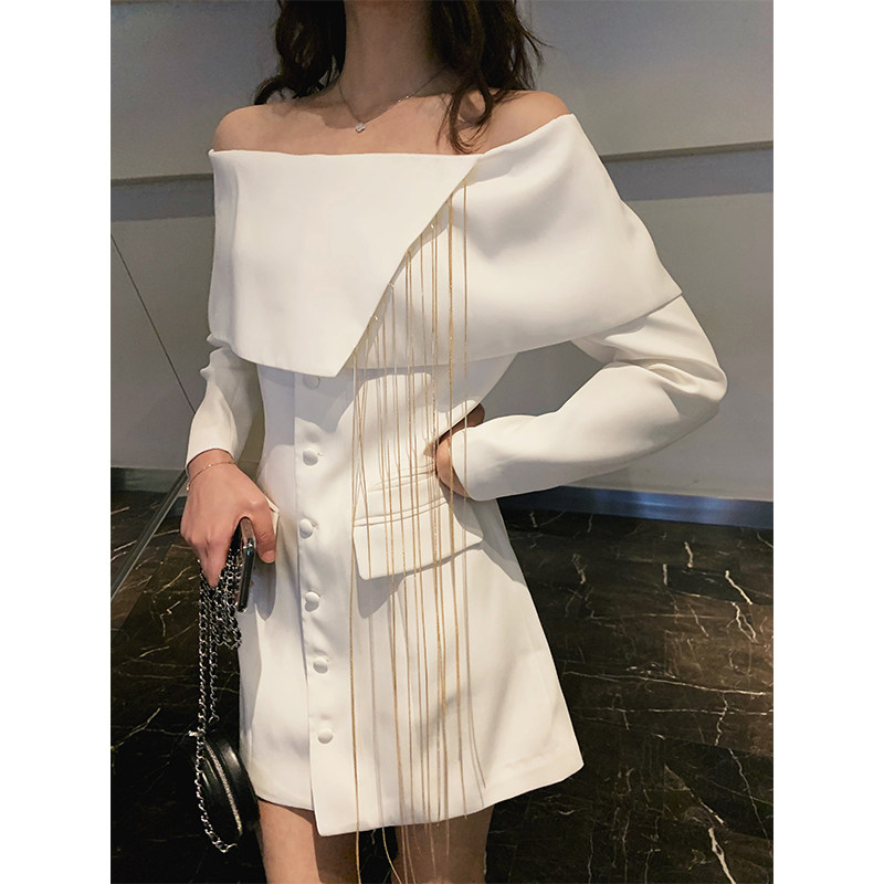 Pure White Lined collar Shoulders Slim long sleeves Short Birthday Dinner Party will be small white dress Dress Foreign Dress children