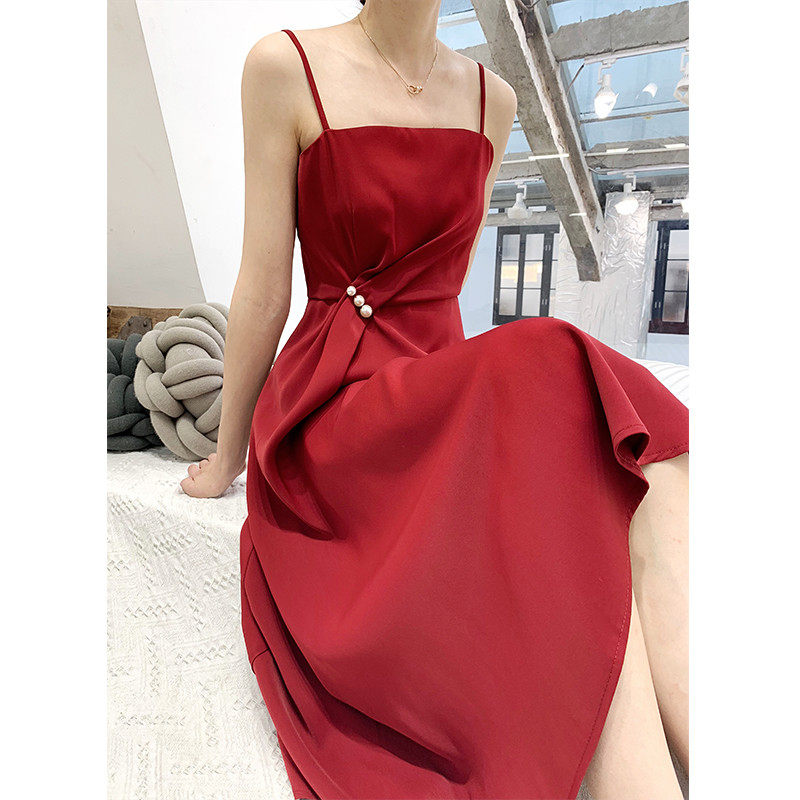 Wedding Red Harness slim white pearl Ocean dress minimalist everyday party Annual Meeting Elegant Evening Dress dress