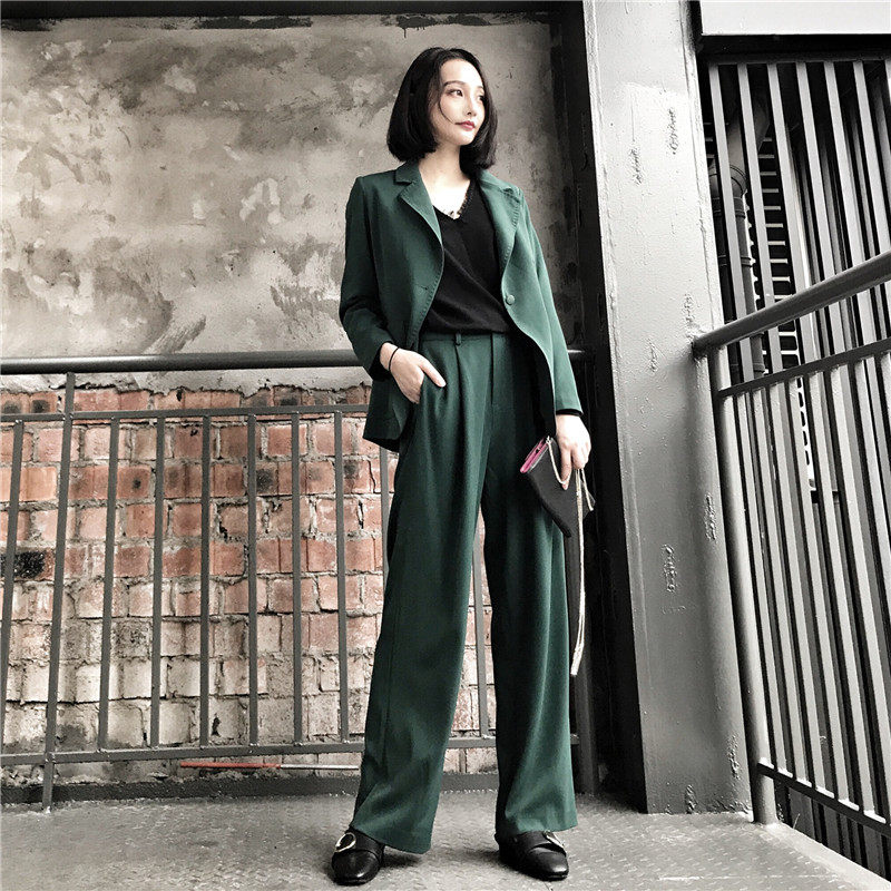 2022 European and American style early autumn new product handsome dark green suit straight leg trousers set two-piece set of versatile women