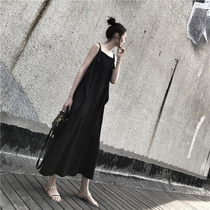  Summer new suspenders ultra-long lengthened black control rear strap dress long skirt childrens irregular large skirt