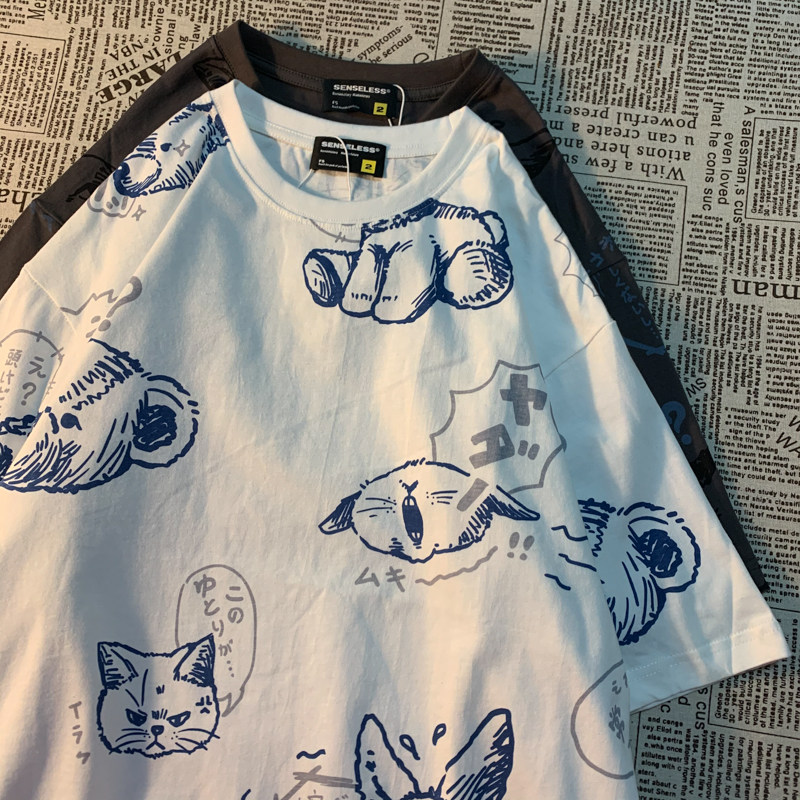 Bear cat expression contest American retro fun print short-sleeved T-shirt men and women couples loose student tops