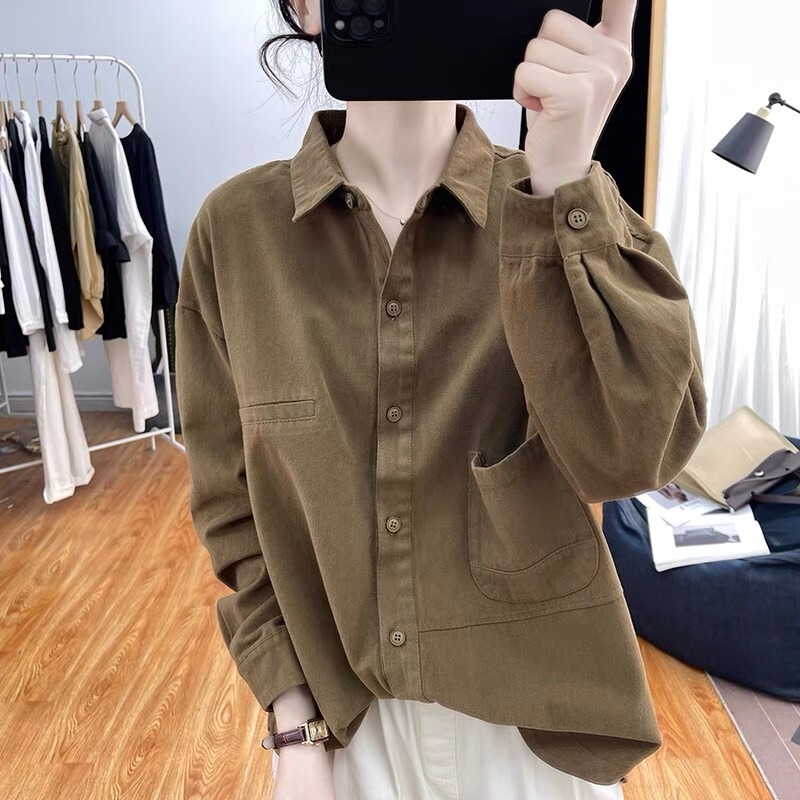 Clearance Sale: Autumn Twill Cotton Long-Sleeve Shirt for Women, Hong Kong Style Top, Loose Fit, Brushed Work Shirt with a Turn-Down Collar