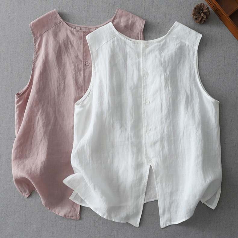 Japanese-Style Export Women's Clothing, Vintage Ramie Reversible Shirt, Summer Design, Sleeveless Vest Top, Thin Style