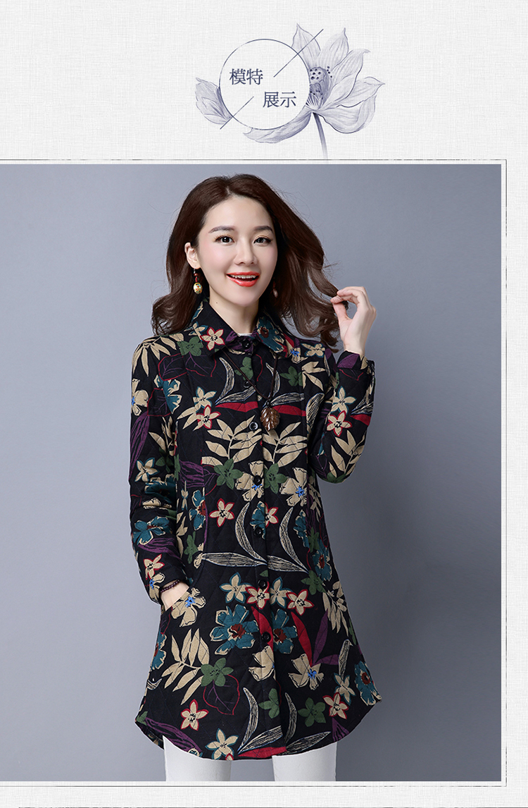 Quần áo thu đông 2018 mới cotton và vải lanh nữ cộng với size cộng với áo cotton dày áo khoác dài tay áo hoa ấm áp áo sơ mi vintage