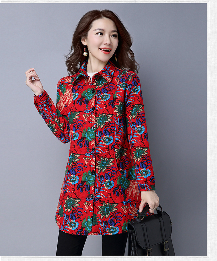 Quần áo thu đông 2018 mới cotton và vải lanh nữ cộng với size cộng với áo cotton dày áo khoác dài tay áo hoa ấm áp áo sơ mi vintage