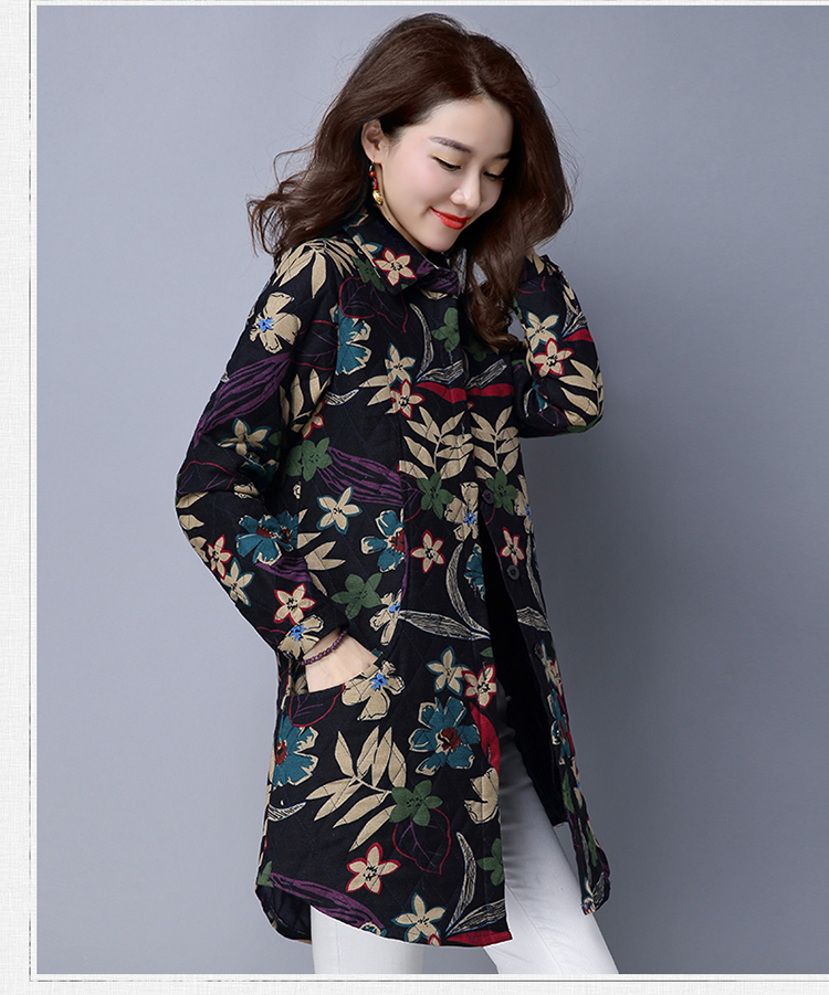 Quần áo thu đông 2018 mới cotton và vải lanh nữ cộng với size cộng với áo cotton dày áo khoác dài tay áo hoa ấm áp áo sơ mi vintage