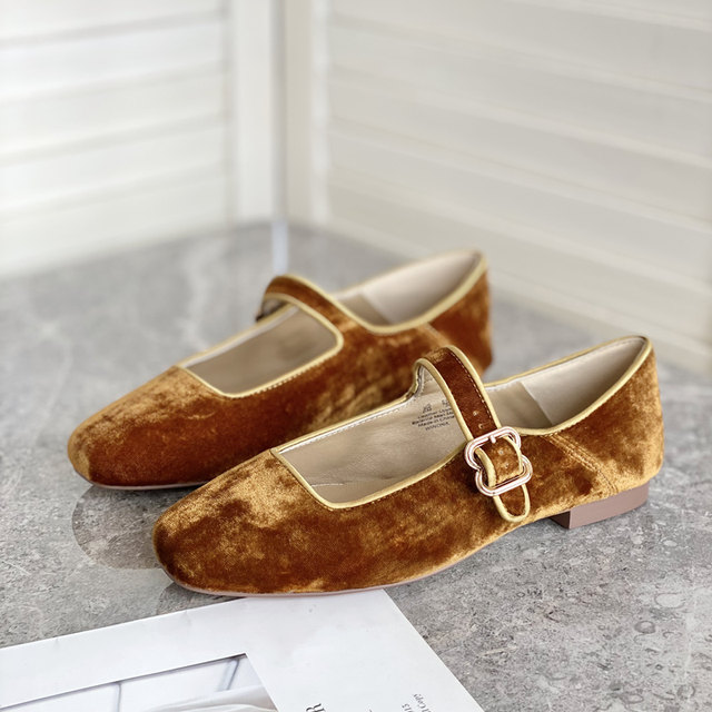 Velvet Mary Jane SAM ຫນັງຝຣັ່ງ retro buckle square toe flat shoes ວິທະຍາໄລເກີບ ballet
