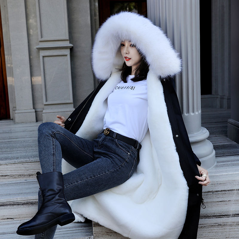 Winter Parka for Women, Mid-Length, with Detachable Fox Fur Collar and Rabbit Fur Lining, Hooded Fur Coat