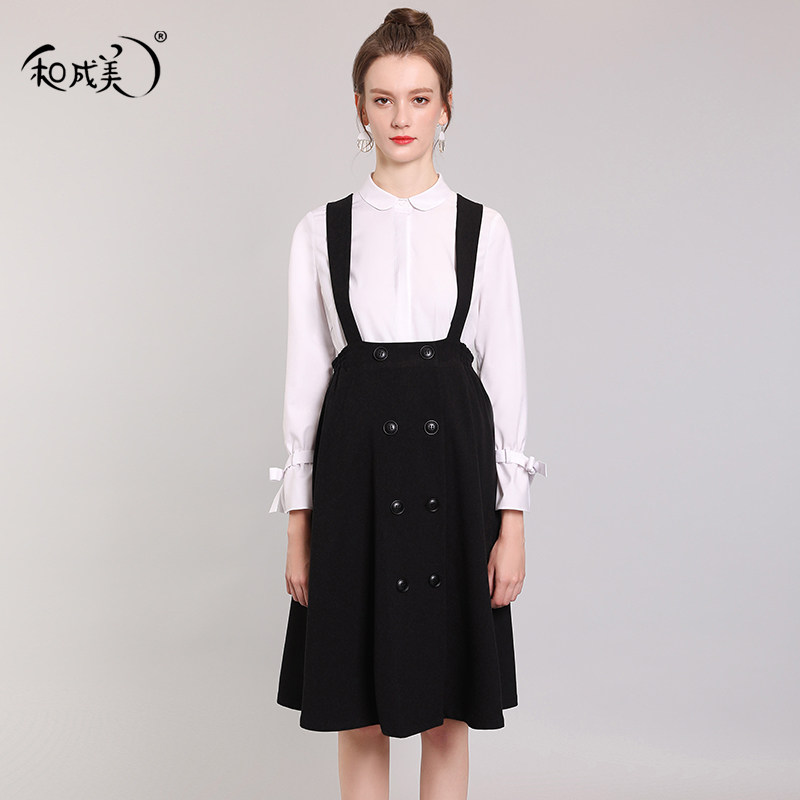 Autumn fitted pregnant woman with baby bag dress with long version of harness half body dress Black vest Career Interview Overalls for the outside A word dress