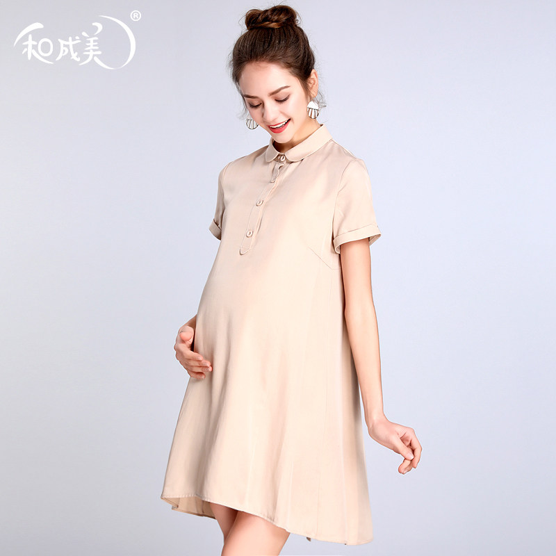Pregnancy Woman Dress Summer Clothing Day Silk Pure Pregnancy Short Sleeve Foreign Dress Women Summer OL Career Interview Frock Pregnant Woman Skirt