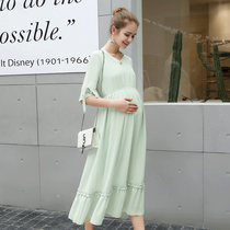 Pregnant womens spring and summer new fashion Korean version of long chiffon dress Womens Mid-sleeve thin solid color long dress tide