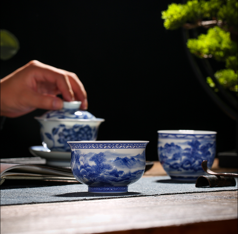 . Poly real one thousand fire scene jingdezhen blue and white porcelain ceramic cup single hand - made manual landscape to use large kung fu