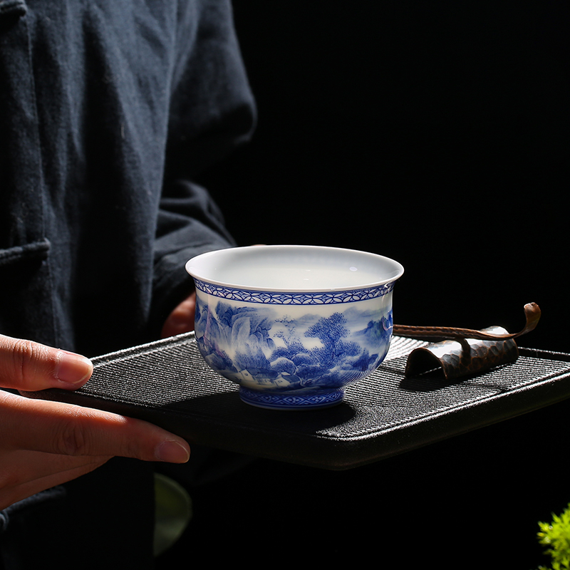 . Poly real one thousand fire scene jingdezhen blue and white porcelain ceramic cup single hand - made manual landscape to use large kung fu