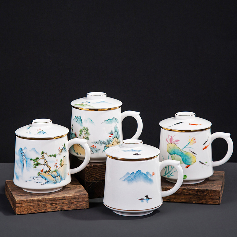 Ceramic hand - made suet jade cup keller cup white porcelain cup with cover office separation tea tea cup
